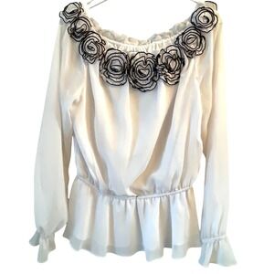 Simply Liliana Off The Shoulder Blouse White Floral Applique Peplum Top Size L